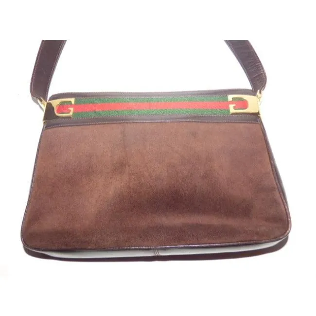Gucci Vintage Pursesdesigner Purses Brown Suede And Leather With Red And Green Striped Top Hobo Bag