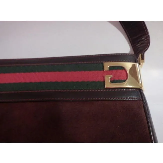 Gucci Vintage Pursesdesigner Purses Brown Suede And Leather With Red And Green Striped Top Hobo Bag