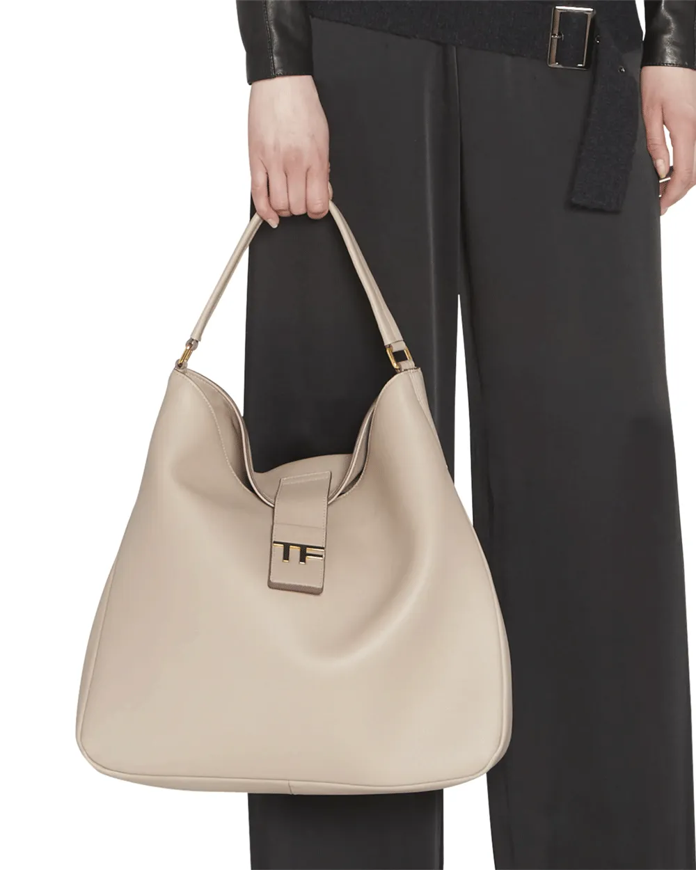 Medium TF Grain Leather Hobo Bag Silk Taupe