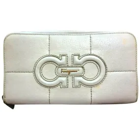 Salvatore Ferragamo White Leather With Brown Contrast Stitching And A Quilted Double Gancini Zip Around Wallet